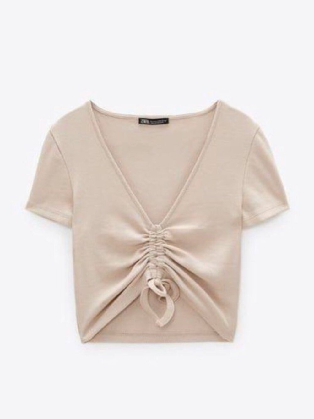 Zara Nude Tan Ribbed Gathered Tie Front Short Sleeve Crop Top